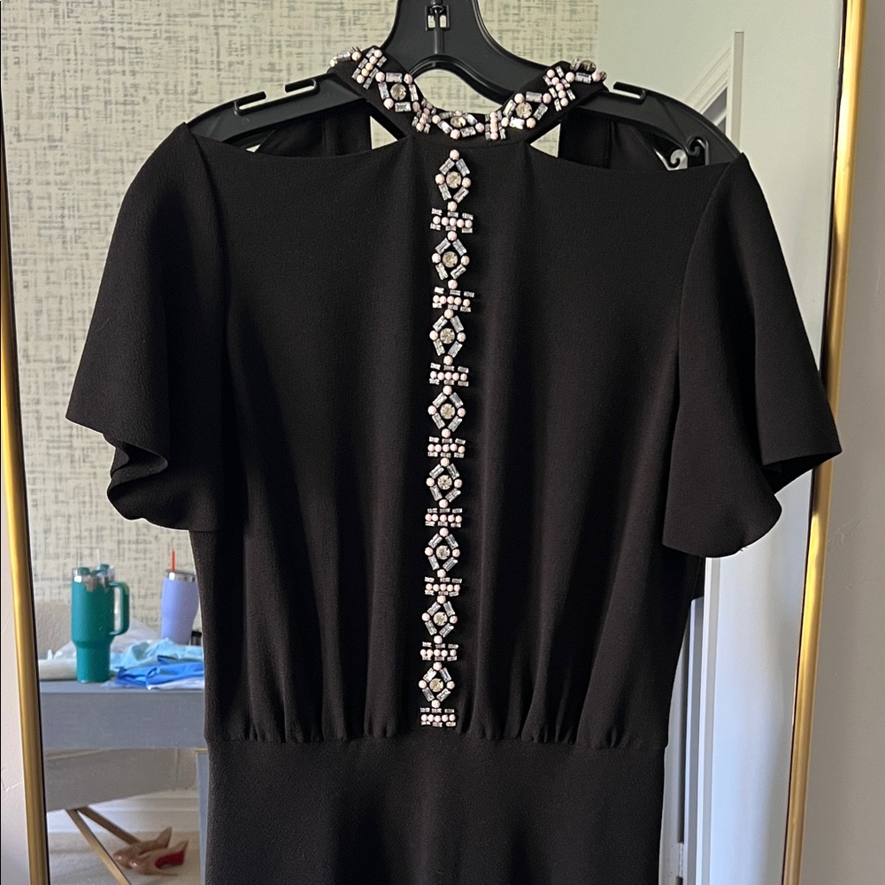Black Embellished Short Sleeve Dress - Elegant Evening Wear
